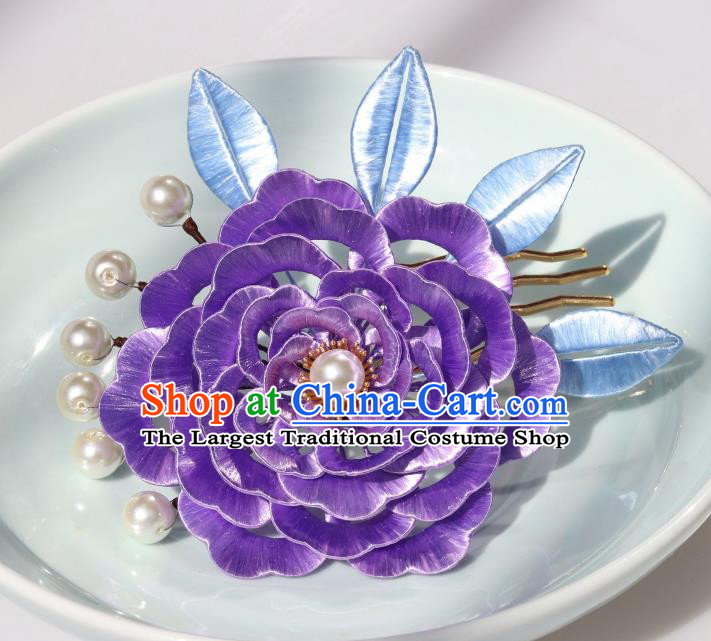 Chinese Traditional Tang Dynasty Court Lady Purple Peony Hair Comb Ancient Imperial Concubine Hairpin