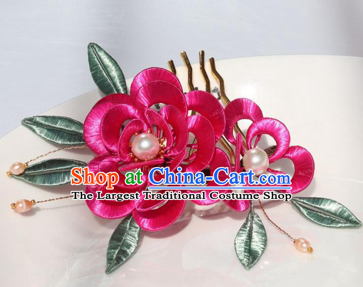 Chinese Ancient Palace Lady Pearls Hairpin Traditional Ming Dynasty Princess Rosy Peony Hair Comb