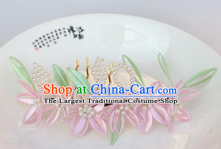Chinese Handmade Ancient Empress Pink Silk Flowers Hair Comb Ancient Ming Dynasty Princess Hair Stick