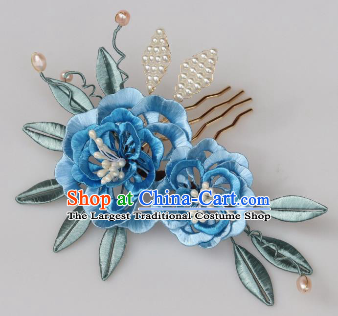 Chinese Handmade Flowers Hair Comb Ancient Ming Dynasty Court Princess Blue Silk Peony Hairpin