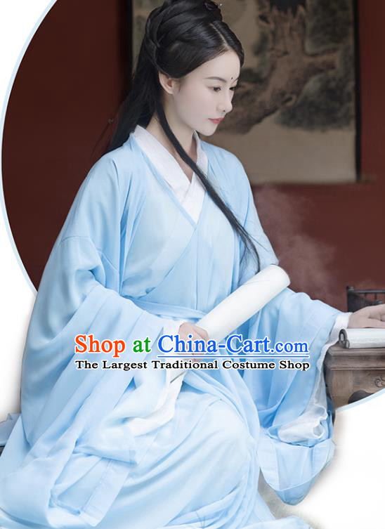 China Ancient Goddess Blue Chiffon Hanfu Dress Garment Traditional Jin Dynasty Princess Historical Clothing