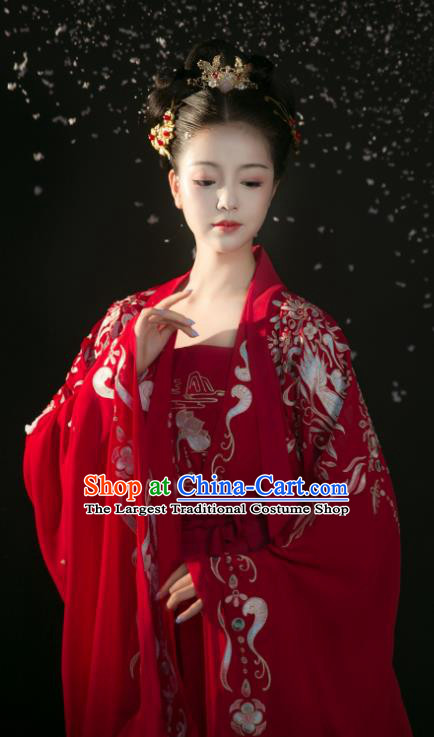 China Ancient Palace Lady Red Hanfu Dress Clothing Traditional Tang Dynasty Wedding Historical Costumes Full Set