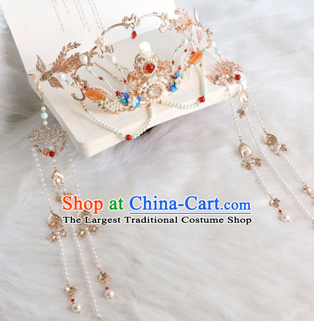 Chinese Ancient Court Lady Tassel Hair Crown Traditional Ming Dynasty Princess Pearls Phoenix Coronet