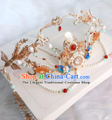 Chinese Ancient Court Lady Tassel Hair Crown Traditional Ming Dynasty Princess Pearls Phoenix Coronet