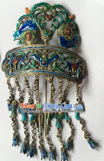 Chinese Ancient Empress Cloisonne Tassel Hairpin Traditional Qing Dynasty Court Queen Hair Comb