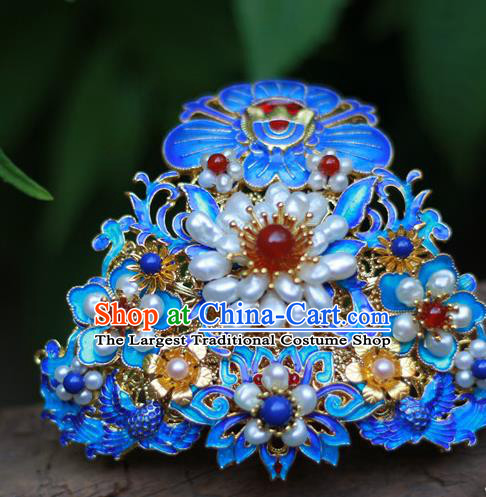 Chinese Traditional Ming Dynasty Hanfu Blueing Phoenix Peony Hair Crown Ancient Empress Pearls Hairpin