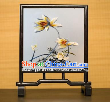 China Table Furniture Traditional Suzhou Embroidered Lotus Desk Screen Handmade Blackwood Craft