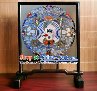 China Traditional Suzhou Embroidered Cloud Crane Desk Screen Handmade Blackwood Craft Table Furniture