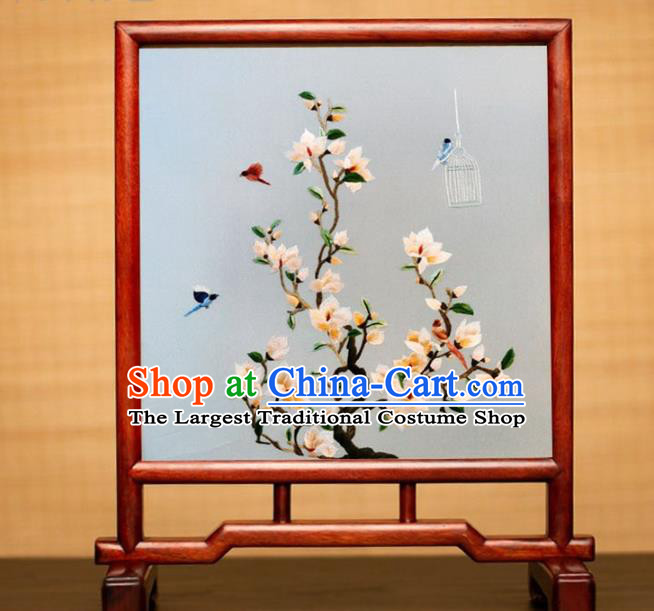 China Handmade Rosewood Craft Table Decoration Traditional Suzhou Embroidered Mangnolia Desk Screen