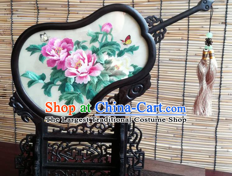 China Handmade Blackwood Gourd Decoration Traditional Double Side Embroidered Peony Desk Screen