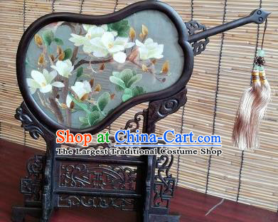 China Traditional Suzhou Embroidered Craft Handmade Blackwood Gourd Desk Decoration Embroidery Mangnolia Table Screen