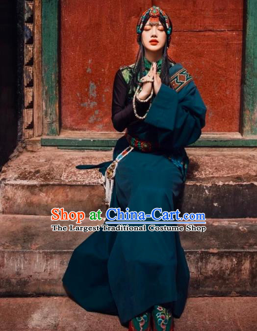 China Zang Nationality Young Woman Clothing Traditional Xizang Minority Folk Dance Atrovirens Tibetan Robe