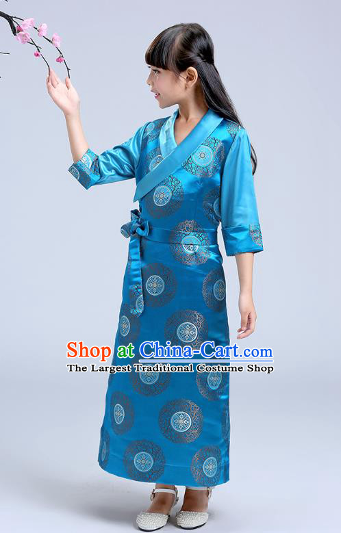 Chinese Traditional Zang Nationality Folk Dance Costumes Tibetan Ethnic Minority Girl Blue Brocade Bola Dress