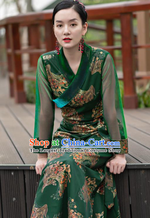China Zang Nationality Minority Stage Performance Clothing Traditional Tibetan Woman Green Bola Dress