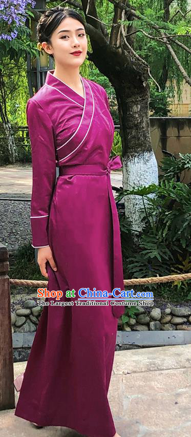 China Traditional Zang Nationality Costume Tibetan Ethnic Woman Purple Bola Dress Clothing