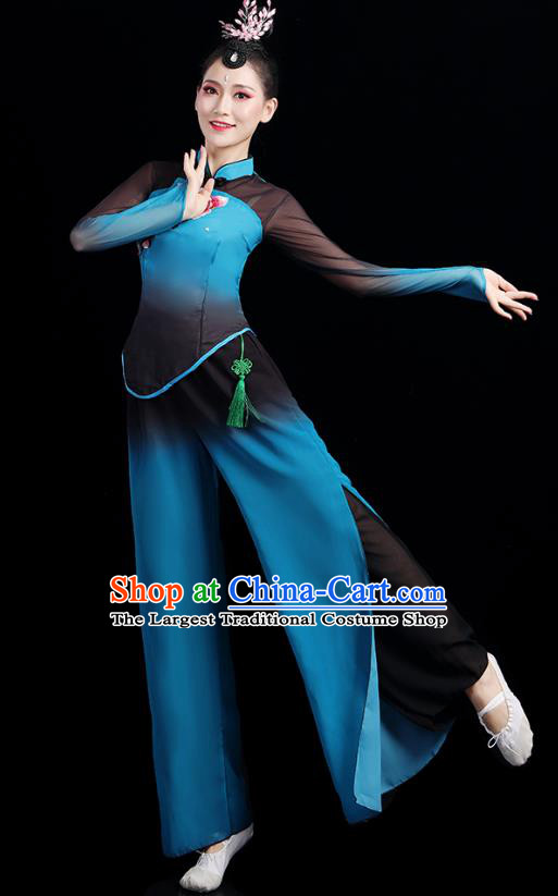 China Folk Dance Competition Clothing Group Fan Dance Costume Yangko Dance Blue Outfits