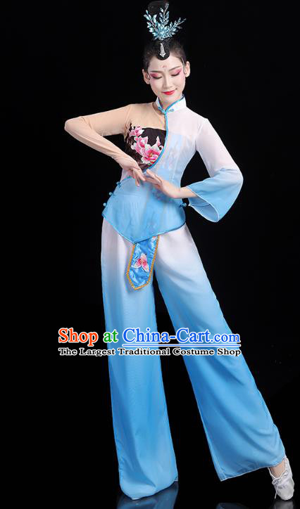 China Traditional New Year Yangko Dance Clothing Fan Dance Costume Folk Dance Blue Outfits