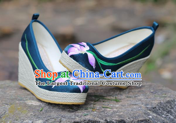 Chinese Yunnan Ethnic Folk Dance Wedge Heel Shoes National Embroidered Orchids Navy Satin Shoes