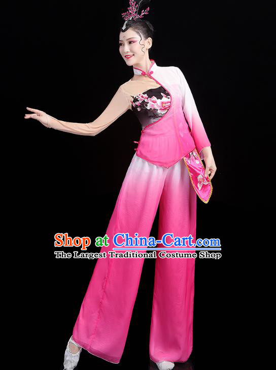 China Folk Dance Fan Dance Rosy Outfits Traditional New Year Yangko Dance Clothing