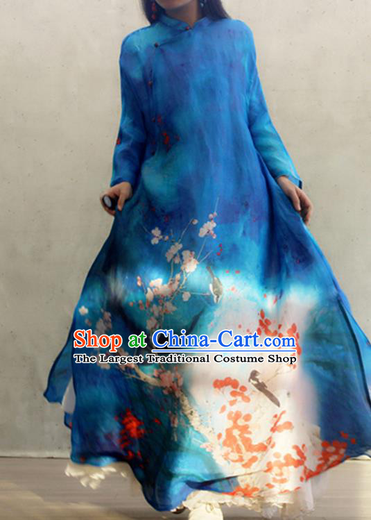 Chinese Traditional Printing Plum Blossom Qipao Dress Woman Costume National Stand Collar Blue Cheongsam
