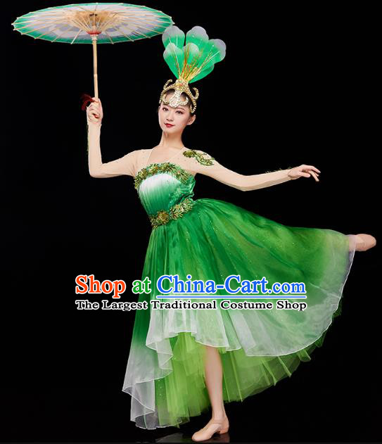Chinese Woman Group Dance Green Dress Traditional Spring Festival Gala Peony Dance Costume