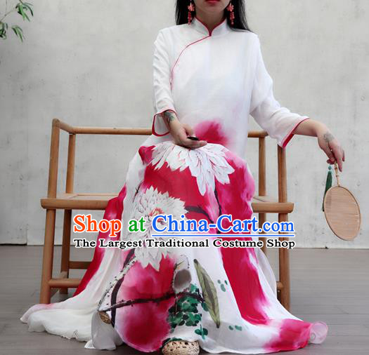 Chinese Female Costume National Printing Red Loose Cheongsam Traditional Ink Painting Lotus Qipao Dress