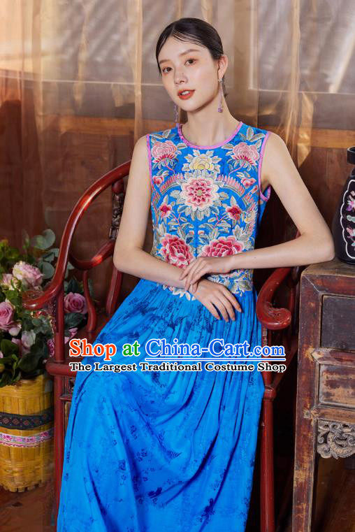 Chinese Traditional Embroidered Dress National Woman Tang Suit Blue Silk Cheongsam Costume