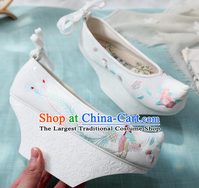 China Embroidered Phoenix White Cloth Shoes Handmade Saucers Shoes Traditional Qing Dynasty Imperial Concubine Shoes