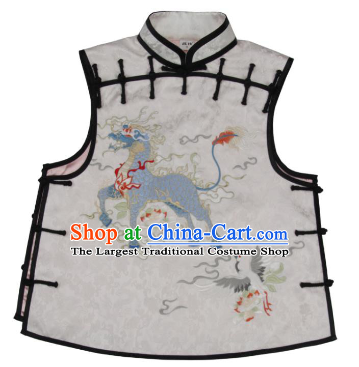 Chinese National Woman Vest Costume Embroidered Kylin White Brocade Waistcoat Traditional Tang Suit Top Garment