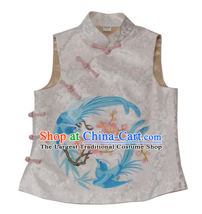 Chinese Tang Suit Embroidered Plum Bird Waistcoat Traditional White Brocade Top Garment National Woman Vest Costume
