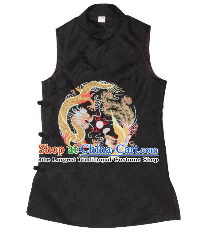 Chinese Traditional Tang Suit Embroidered Black Long Waistcoat National Brocade Top Vest Garment