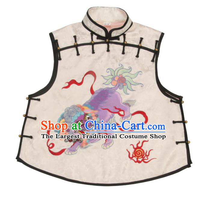 Chinese National White Brocade Vest Tang Suit Upper Outer Garment Traditional Embroidered Lion Waistcoat