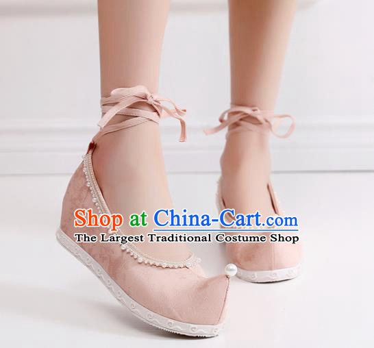 China Handmade Pearls Bow Shoes National Pink Cloth Shoes Traditional Ming Dynasty Hanfu Shoes