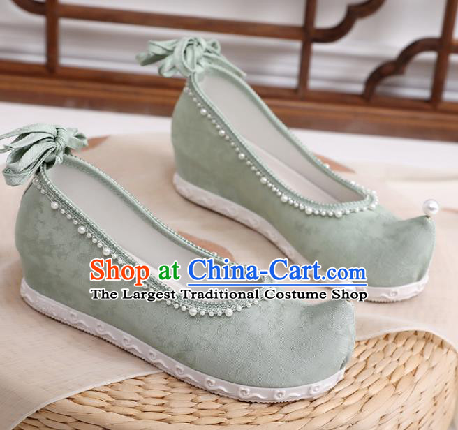 China Traditional Ming Dynasty Hanfu Shoes Handmade Pearls Bow Shoes National Green Cloth Shoes