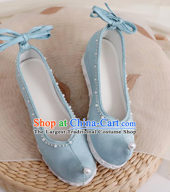 China National Blue Cloth Bow Shoes Traditional Ming Dynasty Princess Shoes Handmade Hanfu Pearls Shoes