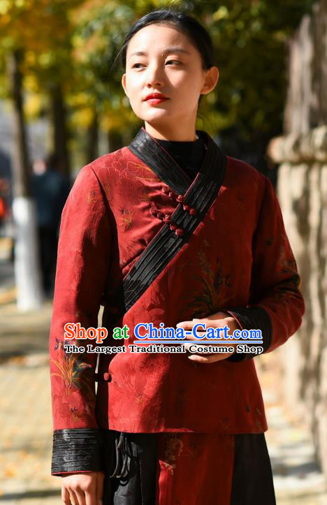China National Woman Outer Garment Clothing Tang Suit Greatcoat Traditional Red Silk Cotton Wadded Jacket