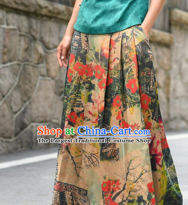 China National Woman Gambiered Guangdong Gauze Skirt Traditional Printing Flowers Silk Bust Skirt Costume