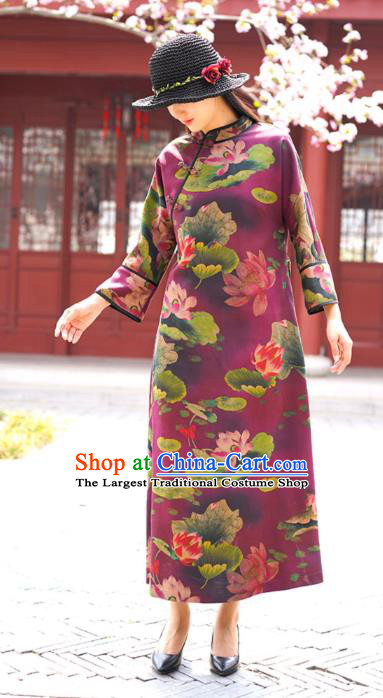 Chinese Traditional Purple Silk Qipao Dress Costume National Young Lady Printing Lotus Cheongsam