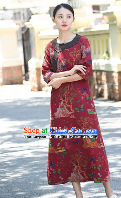 Chinese Traditional Slant Opening Qipao Dress Costume National Young Lady Printing Red Silk Cheongsam