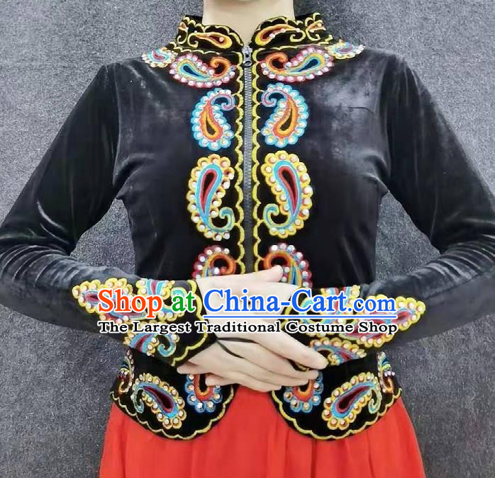 China Traditional Uygur Nationality Dance Shirt Ethnic Woman Clothing Xinjiang Performance Black Velvet Blouse