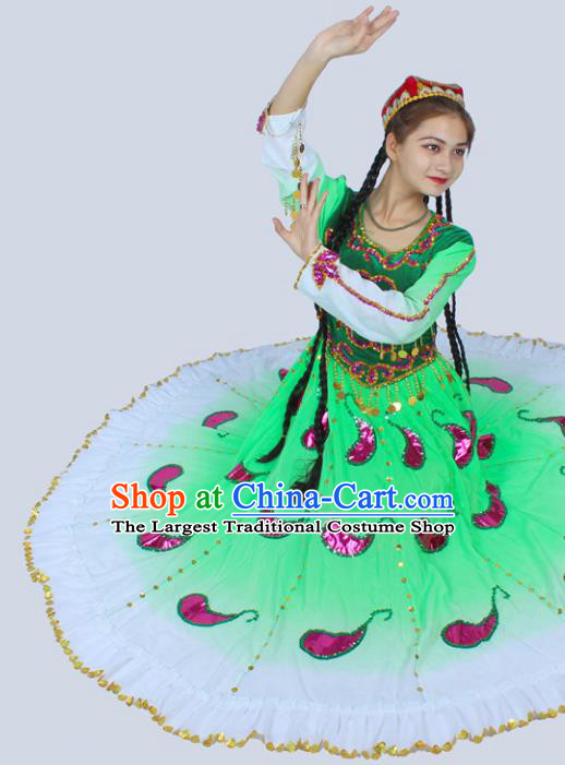 China Xinjiang Ethnic Folk Dance Clothing Traditional Uygur Nationality Stage Performance Green Dress