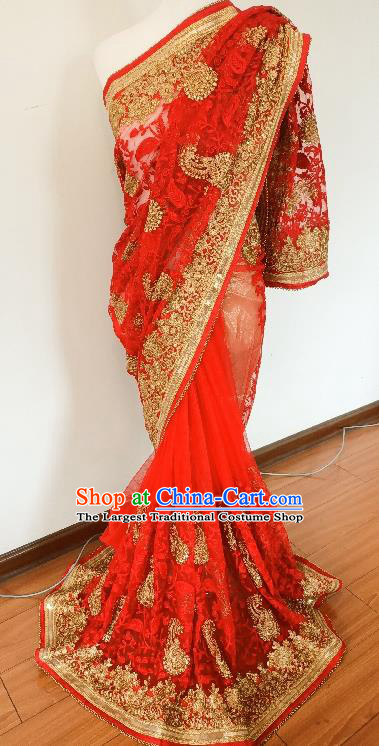 Asian India Stage Performance Embroidered Red Sari Dress Indian Traditional Female Costume