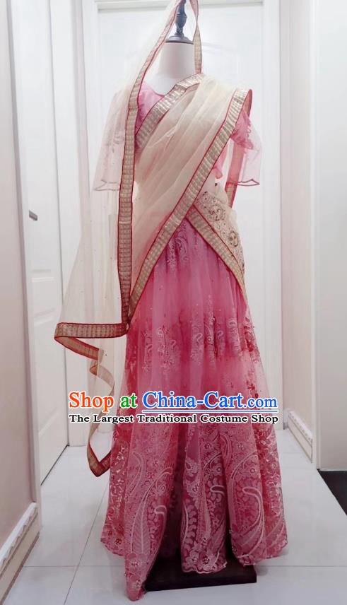 Asian India Stage Performance Pink Dress Outfits Indian Traditional Folk Dance Lehenga Costumes