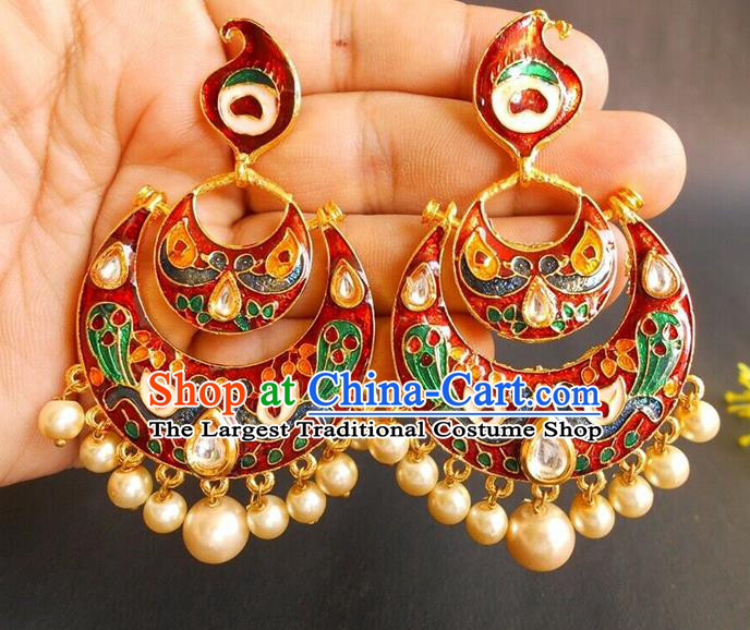 India Bollywood Folk Dance Cloisonne Red Ear Accessories Asian Indian Stage Performance Earrings