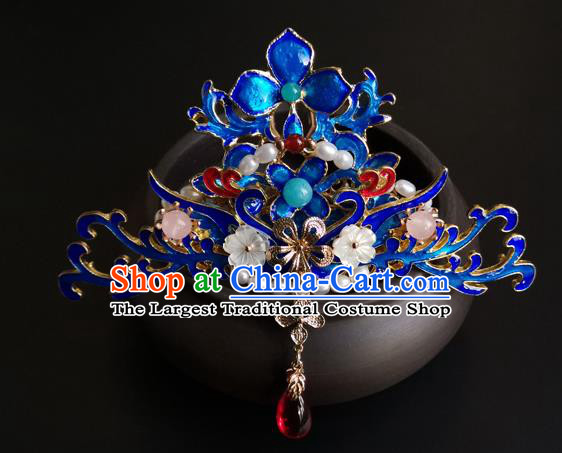 China Ancient Court Woman Tassel Hairpin Traditional Ming Dynasty Blueing Hair Crown