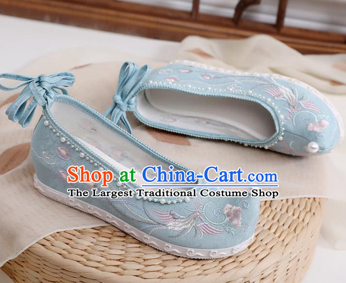 China Handmade National Light Blue Cloth Shoes Traditional Ming Dynasty Hanfu Shoes Embroidered Phoenix Pearls Shoes