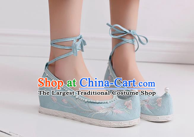China Handmade National Light Blue Cloth Shoes Traditional Ming Dynasty Hanfu Shoes Embroidered Phoenix Pearls Shoes