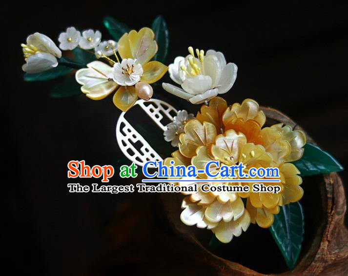 Chinese Ancient Palace Lady Hairpin Traditional Ming Dynasty Court Yellow Shell Peony Hair Stick