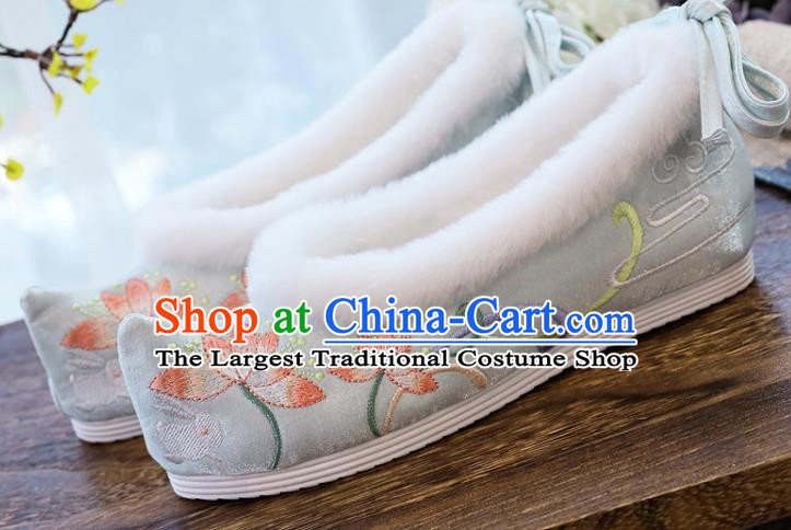 China National Embroidered Lotus Shoes Traditional Light Blue Satin Shoes Handmade Ming Dynasty Winter Bow Shoes