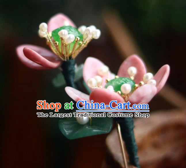 Chinese Ancient Princess Pearls Hairpin Traditional Song Dynasty Pink Flowers Hair Stick